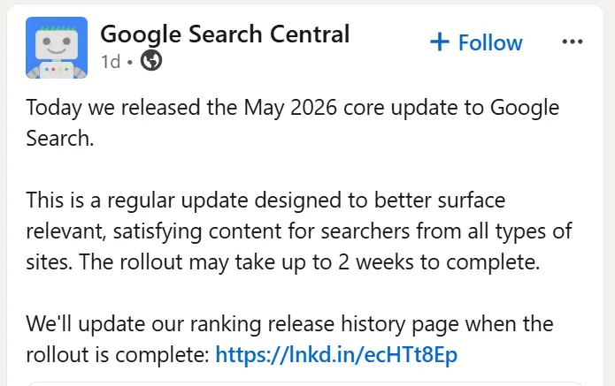 Google Search Central May 2026 Core Update